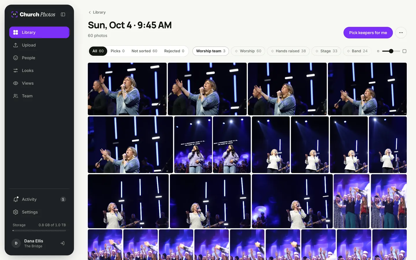The Church Photos library: the Sun, Oct 4 · 9:45 AM folder with 60 photos, filters for picks and tags, and a Pick keepers for me button