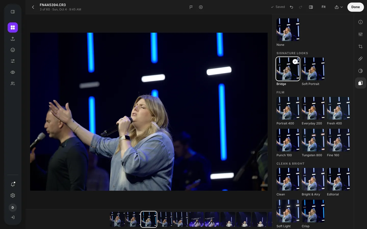 The photo workspace Looks panel with the Bridge look applied to a worship photo